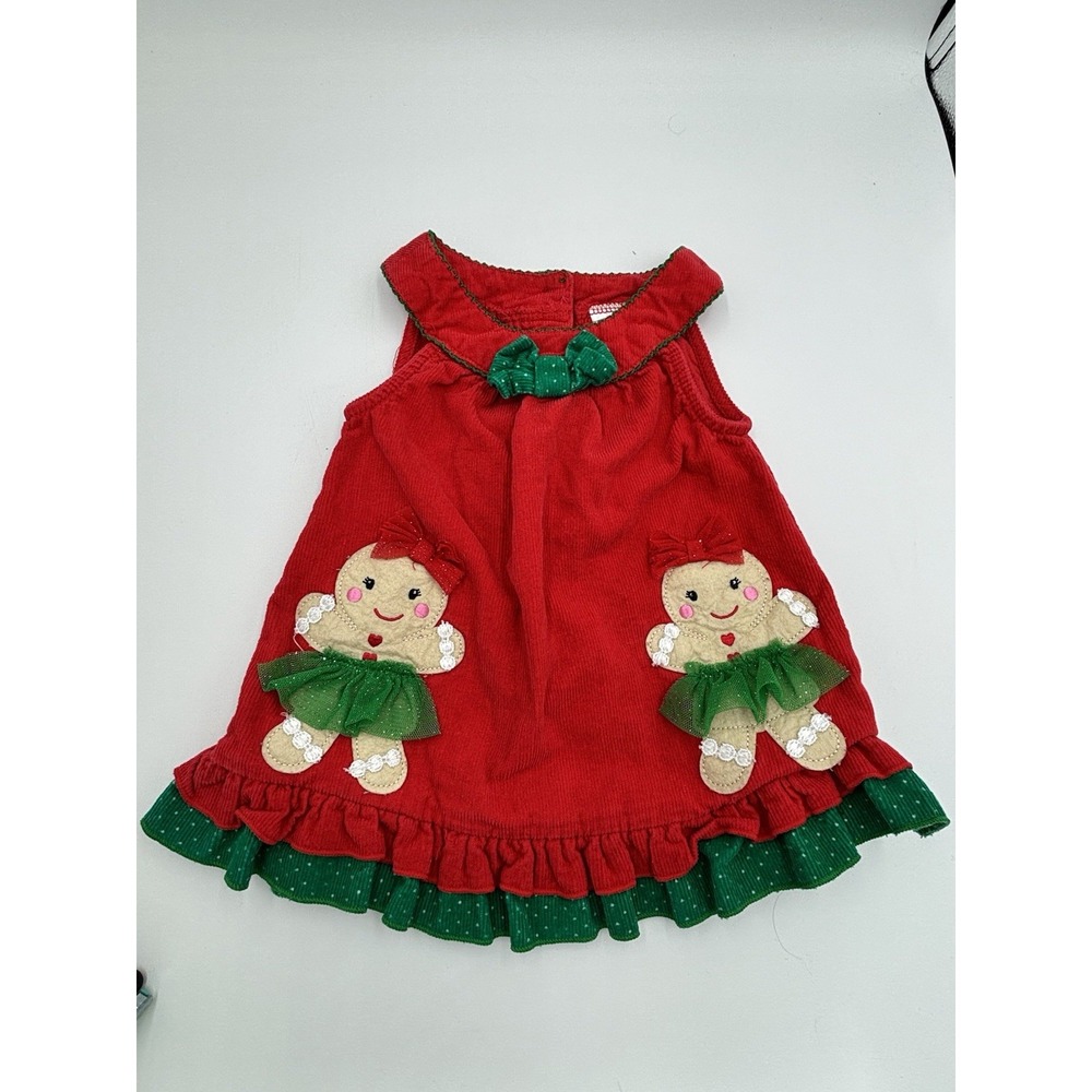 Nanette Baby Dress Christmas Gingerbread Man Red Corduroy Girls Sz 6-9 M Infant